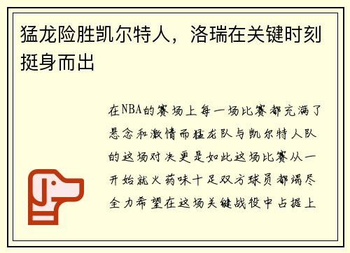 猛龙险胜凯尔特人，洛瑞在关键时刻挺身而出
